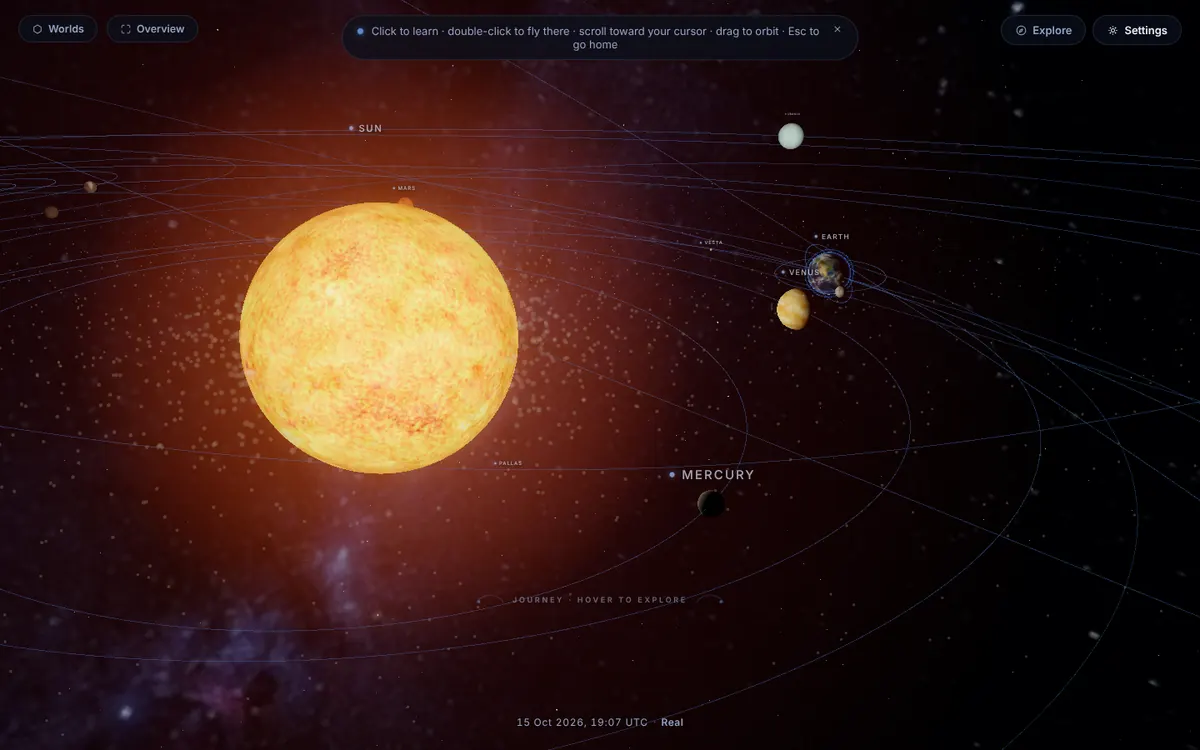 Orbitale showing the Sun, Mercury, Venus and Earth with their orbits in real-time 3D